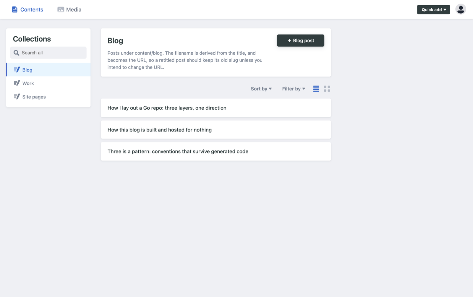 The Decap CMS editing this site, running locally against the working tree